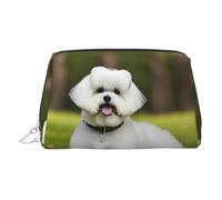 Bonita bolsa de cosméticos de piel con estampado de perro bichón frise, bolsa de maquillaje de cuero para bolso con cierre de cremallera superior, elegante bolsa de aseo, Silver, Talla única