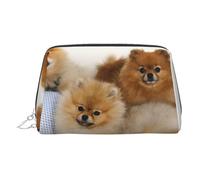 Bonita bolsa de cosméticos de piel con estampado de pomerania, bolsa de maquillaje de cuero para bolso con cierre de cremallera superior, elegante bolsa de aseo, Silver, Talla única