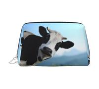 Bonita bolsa de cosméticos de piel con estampado de vaca, bolsa de maquillaje de cuero para bolso con cierre de cremallera superior, elegante bolsa de aseo, Silver, Talla única