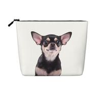 Bonita bolsa de cosméticos de una sola capa con estampado de chihuahua, material de lino sintético, monedero de gran capacidad, esencial para viajes y viajes de negocios