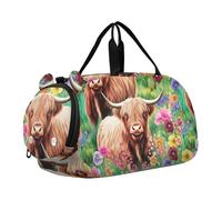 Bonita bolsa de lona con diseño de ciervos y bosque para niños, bolsa de viaje con compartimento para zapatos, Ajuste floral de vacas de las tierras altas, Classic