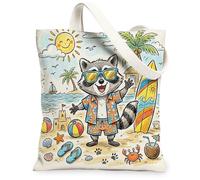 Bonita bolsa de lona de mapache para ir de compras, 13 x 15 pulgadas, conchas de playa costeras, bolsa de comestibles reutilizable para mujeres, patrón de viaje de animales, decoración de regalo