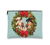 Bonita Bolsa de Maquillaje con diseño de Perros en Corona navideña, pequeña Bolsa de Lona portátil para cosméticos de Viaje para Mujer, Organizador de artículos de tocador para Vacaciones de 18 x 23