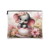Bonita bolsa de maquillaje de elefante, diseño floral, bolsa de viaje para mujeres, organizador portátil de lona con cremallera, regalo para baby shower y cumpleaños, Melocotón, 7x9 Inch, Elefante
