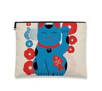 Bonita bolsa de maquillaje de gato, bolsa de viaje de cosméticos azul Lucky Kitty para mujer, organizador portátil de lona con cremallera, regalo ideal para festivales y temporada de primavera, Azul
