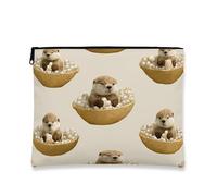 Bonita bolsa de maquillaje de nutria, bolsa de viaje de cosméticos de criatura marina para mujer, organizador portátil de lona con cremallera, perfecto para aventuras de verano, Beige, 7x9 Inch