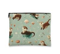Bonita bolsa de maquillaje de nutria, bolsa de viaje para cosméticos de animales marinos para mujer, organizador portátil de lona con cremallera, bolsa de aseo de playa de verano, Verde, 7x9 Inch