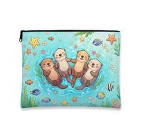 Bonita bolsa de maquillaje de nutrias, bolsa de viaje de cosméticos de vida marina de dibujos animados para mujer, organizador portátil pequeño con cremallera, bolsa de aseo de playa de verano, Azul