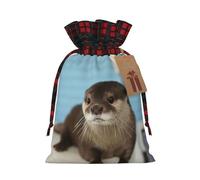 Bonita bolsa de Navidad a cuadros a juego con estampado de nutria con cordón para fiestas de cumpleaños de Navidad, 4.7 x 6.9 pulgadas