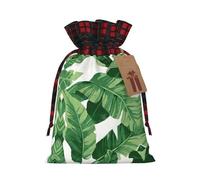 Bonita bolsa de Navidad a cuadros con estampado de hojas de palma verde a juego con cordón, 12 x 17 cm para Navidad o Halloween