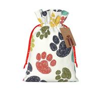 Bonita bolsa de regalo de lino con cordón y estampado de huellas de perro para fiestas de Navidad, bolsas de regalo de vacaciones.
