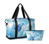 Bonita bolsa de viaje con diseño de mariposa azul volando en un cielo colorido con un arco iris gigante, bolsa de viaje impermeable para gimnasio, deporte, bolsa de transporte con compartimento