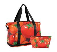 Bonita bolsa grande de lona con diseño de dibujos animados, color rojo tomate y verduras, bolsa de viaje impermeable para el gimnasio y viajes en avión, Lindo rojo de tomate vegetal de dibujos