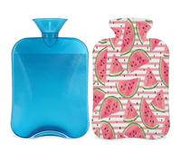 Bonita botella de agua caliente a rayas de sandía con funda, 2 L, bolsa de agua de gran capacidad para noches acogedoras, alivio del dolor, espalda, cuello y hombros