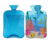 Bonita botella de agua caliente con diseño de animales del océano submarino con tapa, botella de gran capacidad de 2 L, bolsa de agua para noches acogedoras, alivio del dolor, espalda, cuello y