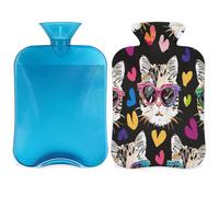 Bonita botella de agua caliente con diseño de cabeza de gato con funda, bolsa de agua caliente de 2 L para aliviar el dolor, cuello y hombro, calentador de pies, compresa caliente y fría
