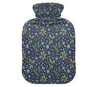 Bonita botella de agua caliente con diseño de copos de nieve y estrellas, color azul marino y verde marino con funda suave, bolsa de agua de 1 litro para aliviar el dolor
