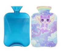 Bonita botella de agua caliente con diseño de gato ángel Kawaii arcoíris con funda, 2 L, bolsa de agua de gran capacidad para noches acogedoras, alivio del dolor, espalda, cuello y hombros