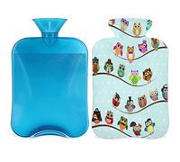Bonita botella de agua caliente con funda esponjosa, bolsa de agua caliente de gran capacidad de 2 litros, bolsa de agua con botella de búhos para noches acogedoras, alivio del dolor, espalda, cuello