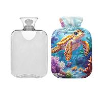 Bonita botella de agua caliente de tortuga para nadar en el mar con funda suave, bolsa de agua caliente de 2 litros para calambres menstruales, alivio del dolor de cuello y hombros, calentador de