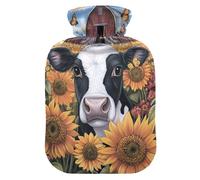 Bonita botella de agua caliente de vaca blanca y negra con cubierta suave, calentador de pies con funda suave, bolsa de agua caliente para calambres menstruales, 1 litro