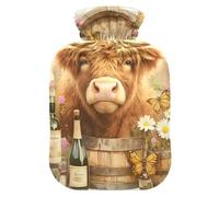 Bonita botella de agua caliente de viaje con diseño de vaca escocesa con funda suave, bolsa de agua caliente de 2 L para artritis, artritis