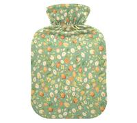 Bonita botella de agua con diseño de nueces de hoja verde para agua caliente con cubierta suave, compresa caliente de 1 litro para calentador de manos y pies