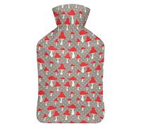 Bonita botella de agua de goma de hongos rojos con cubierta de felpa suave, bolsa de agua caliente para invierno, manos y pies, protección contra el frío, 1000 ml