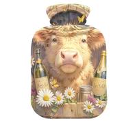 Bonita botella de agua de vaca escocesa de dibujos animados para agua caliente con cubierta suave, bolsa de agua caliente de 2 L para dolor muscular, dolor muscular