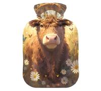 Bonita botella de agua de vaca escocesa de dibujos animados para agua caliente con cubierta suave, compresas calientes de 2 litros para el cuerpo para artritis, artritis, artritis
