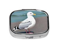 Bonita caja de almacenamiento de pastillas cuadrada de viaje con gaviotas, mini pastillero portátil (pastillero de 2 compartimentos), caja de almacenamiento de medicamentos y vitaminas