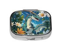Bonita caja de almacenamiento de pastillas cuadrada de viaje de dinosaurio, mini pastillero portátil (pastillero de 2 compartimentos), caja de almacenamiento de medicamentos y vitaminas