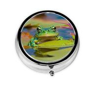 Bonita caja redonda de almacenamiento de medicamentos con estampado de rana, mini pastillero redondo, pastillero portátil con 3 compartimentos