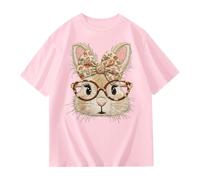 Bonita camiseta de manga corta con estampado de conejo y lazo para el verano, camiseta cómoda e informal para niñas hecha de una agradable mezcla de materiales.