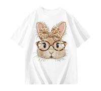 Bonita camiseta de manga corta con estampado de conejo y lazo para el verano, camiseta cómoda e informal para niñas hecha de una agradable mezcla de materiales.