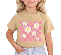 Bonita camiseta de manga corta estampada con cuello redondo para una parte superior de moda para una cómoda mezcla de algodón, versátil y combinable en la vida cotidiana, caqui, 10-11 años