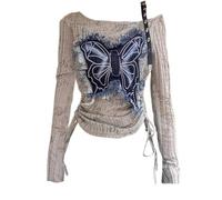 Bonita camiseta de manga larga con estampado para mujer, gris, L