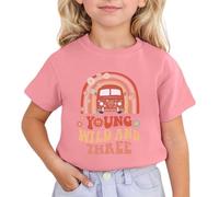Bonita camiseta estampada de manga corta con cuello redondo ideal para primavera en la vida cotidiana o en la escuela, Rosa., 10-11 años