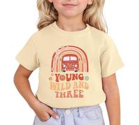 Bonita camiseta estampada de manga corta con cuello redondo ideal para primavera en la vida cotidiana o en la escuela, beige, 10-11 años