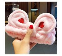 Bonita diadema con orejas de asta y lazo de vellón coral suave y cálida for mujer y niña que se lava la cara, se lava, se lava, se baña y se envuelve la cabeza, accesorios for el cabello(Pink heart bo