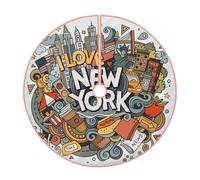 Bonita falda de árbol de Navidad con diseño de dibujos animados de Nueva York, decoración del hogar de vacaciones similar al lino para decoración de interiores, fiesta de Navidad y víspera de Año