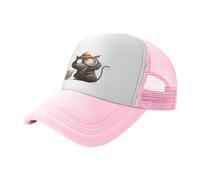 Bonita gorra de béisbol de malla estampada rosa con ilustración de gato y ratón, gorra de camionero transpirable, adecuada para pesca y senderismo