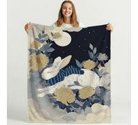 Bonita Manta de Forro Polar de Dibujo animado para sofá de Viaje, Frazada de Sherpa con patrón de Tranquilo Flores Conejo, Blanket de Felpa con diseño de Azul Beige Animados, decoración 150cm x 150cm