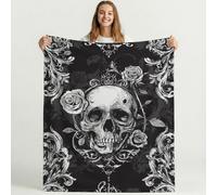 Bonita Manta de Forro Polar de Estilo gótico para sofá de Viaje, Frazada de Sherpa con patrón de Misterioso Calavera Flores, Blanket de Felpa con diseño de Negro Animados, decoración 150cm x 150cm