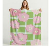 Bonita Manta de Forro Polar de Minimalista para sofá de Viaje, Frazada de Sherpa con patrón de Cartoon Flores Cuadros, Blanket de Felpa con diseño de Verde Rosa Animados, decoración 150cm x 150cm