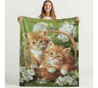 Bonita Manta de Forro Polar de Pintura al óleo para sofá de Viaje, Frazada de Sherpa con patrón de Vintage Flores Gato, Blanket de Felpa con diseño de Verde Marrón Animados, decoración 150cm x 150cm