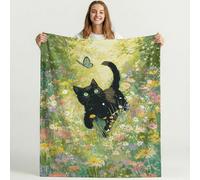 Bonita Manta de Forro Polar de Soñador para sofá de Viaje, Frazada de Sherpa con patrón de Tranquilo Pradera Gato, Blanket de Felpa con diseño de Multicolor Animados, decoración 150cm x 150cm