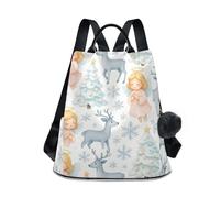 Bonita mochila con diseño de ángeles de Navidad para mujer, cremallera trasera antirrobo, bolsillos laterales y llavero de felpa para viajes