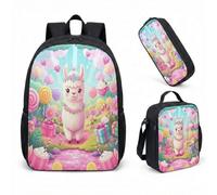 Bonita mochila de 17 pulgadas con diseño de arcoíris de alpaca, juego de 3 piezas para niñas, mochila escolar con lonchera y estuche para lápices, diseño de cuento de hadas de ensueño, 08., L