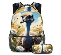 Bonita mochila de avestruz y flores con estuche, un elegante y práctico juego de mochila escolar para niños, niñas y adolescentes, multicolor, B：29.4x20x40cm P：19x7.5x3.8cm, Mochilas de día